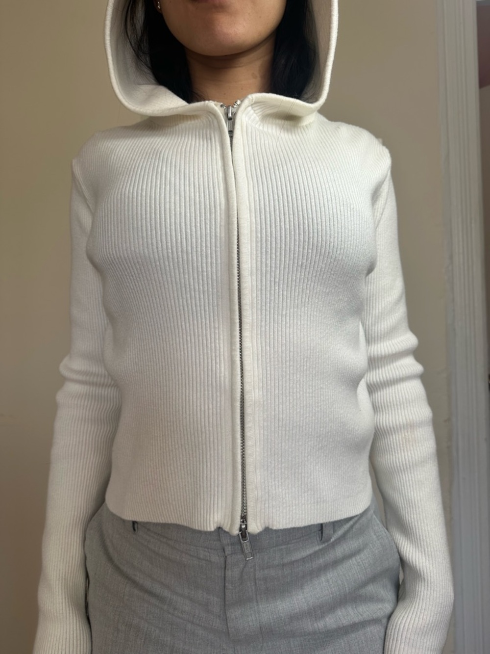Brandy Melville Women's Zip-Up Hooded Rib Knit Sweater - White